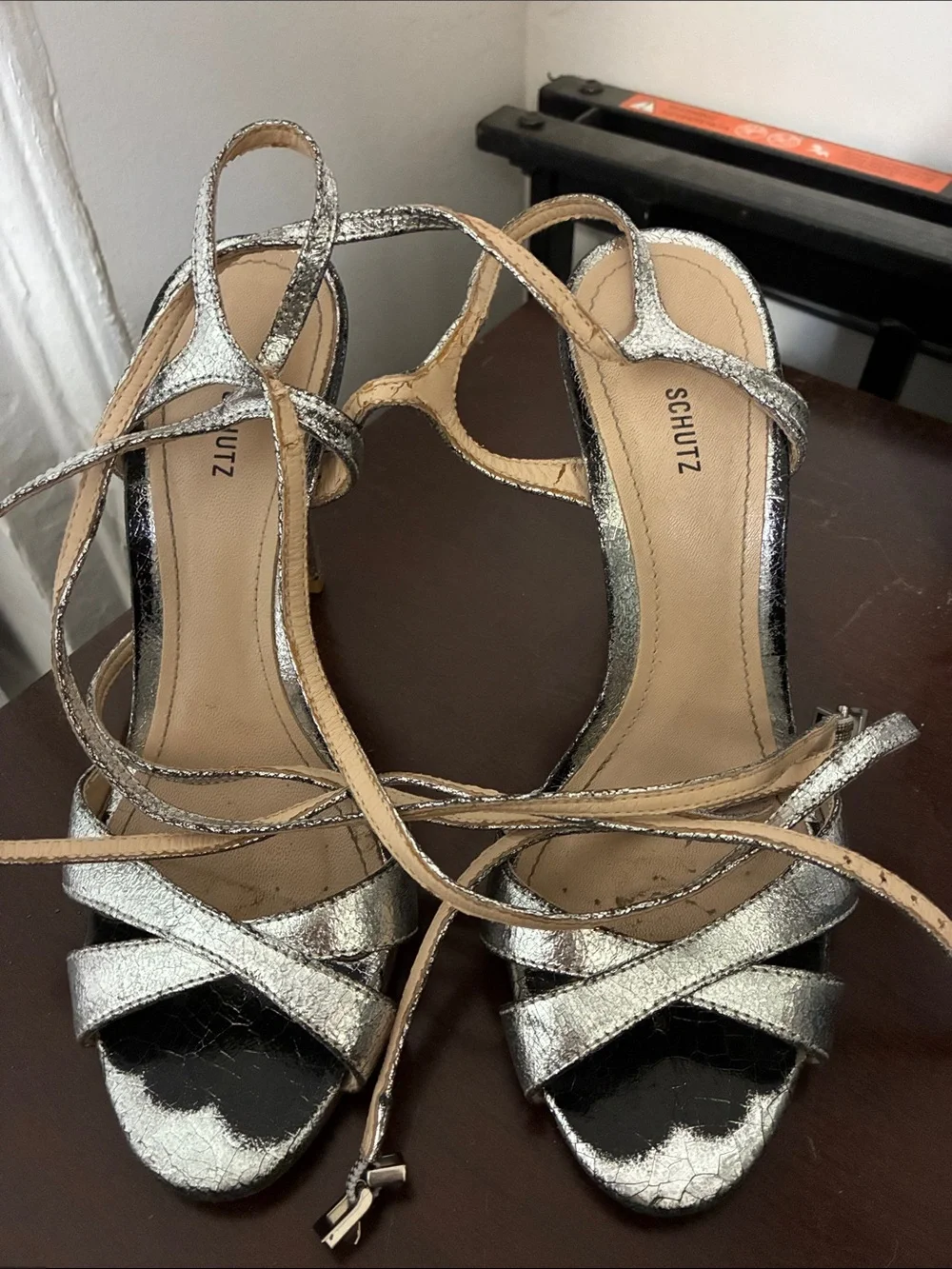 SCHUTZ Silver Metallic Strappy Lace-Up Heels